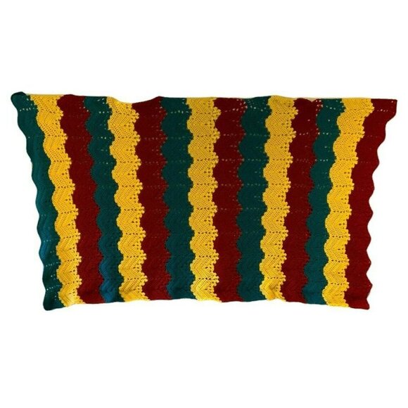 Crochet Knitted Afghan Throw Blanket Zig Zag Chevron Pattern Red Yellow Teal - Picture 3 of 4